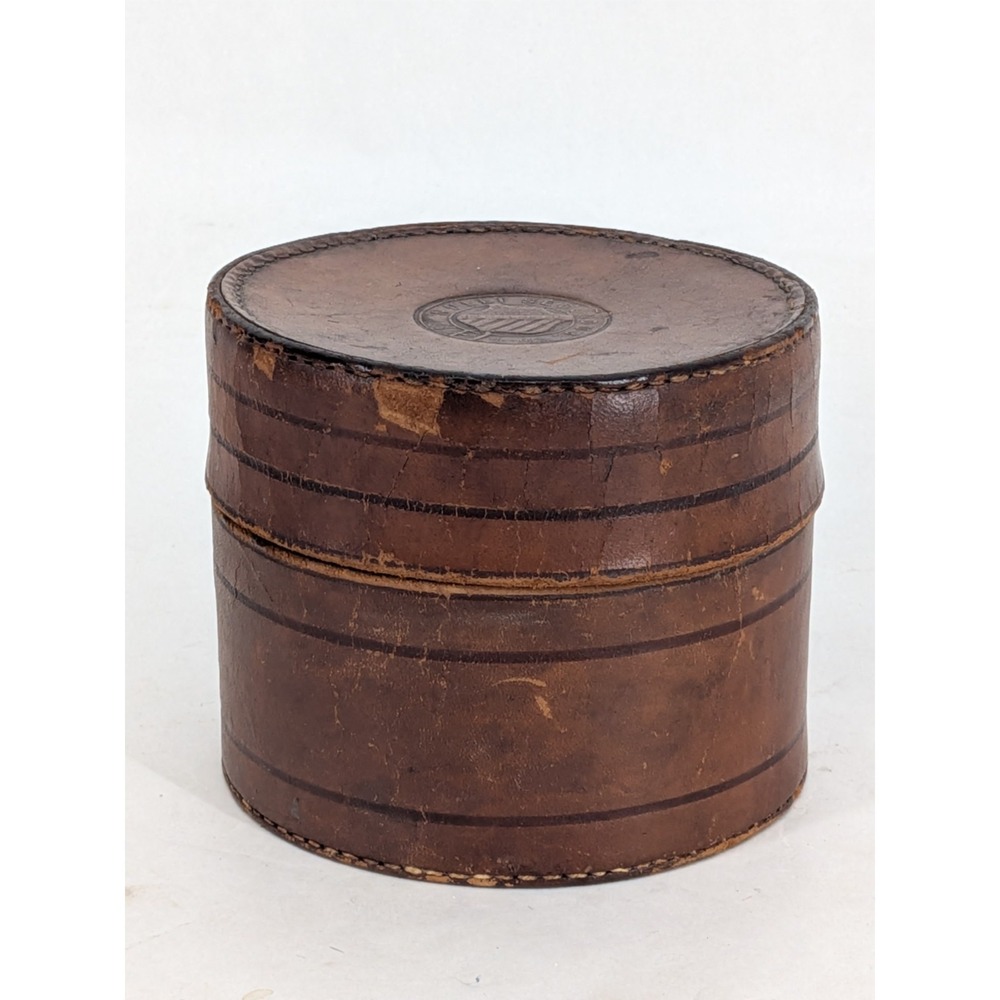 Antique Round Leather Case Collar Box  English Military Crest Nulli Secundus
